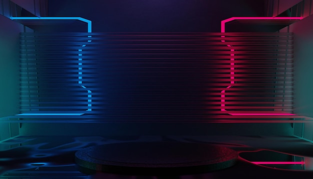 Representación de ilustración 3d de tecnología futurista cyberpunk pantalla juegos scifi etapa pedestal fondo jugador banner signo de neón resplandor stand podio para la venta de productos