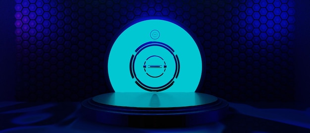 Representación de ilustración 3d de tecnología futurista cyberpunk pantalla juegos scifi etapa pedestal fondo jugador banner signo de neón resplandor stand podio para la venta de productos