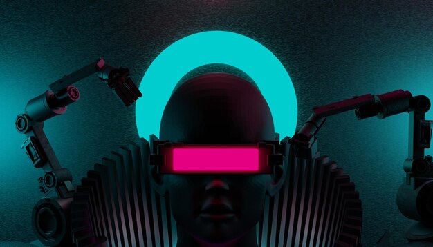 Representación de ilustración 3d de tecnología futurista exhibición cyberpunk juego ciencia ficción escenario pedestal fondo jugador pancarta signo de neón resplandor stand podio para la venta de productos