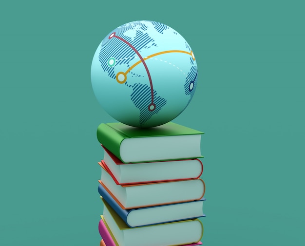 Representación de la ilustración de la pila de libros con Globe World
