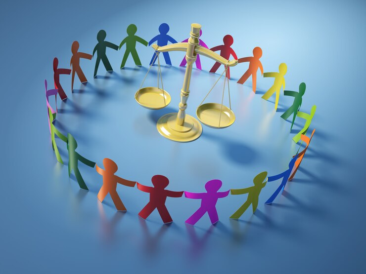 Foto representación de ilustración de trabajo en equipo pictograma personas con escalas de justicia