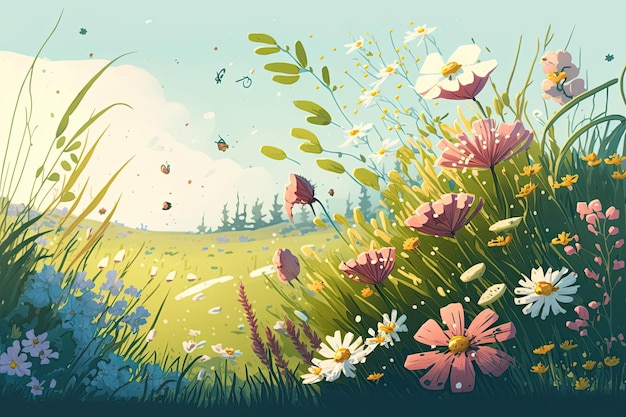 Una representación ilustrada de un prado lleno de flores durante la temporada de primavera IA generativa