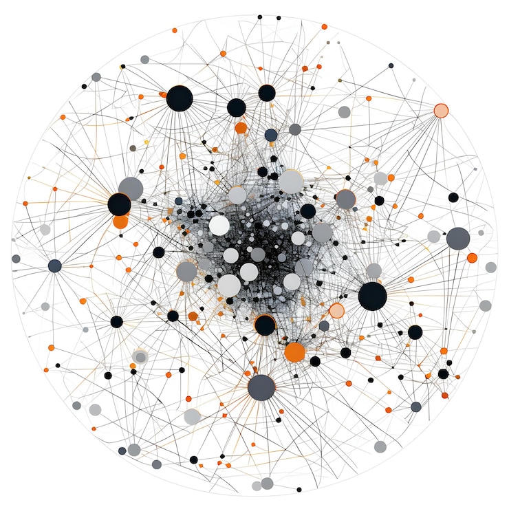 Foto representación ilustrativa de redes complejas de ciencias de la computación y sus interconexiones