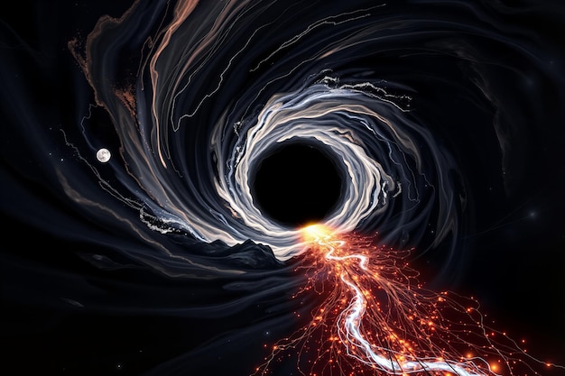 Representación imaginativa de un agujero negro como un remolino celeste con corrientes de luz y mate