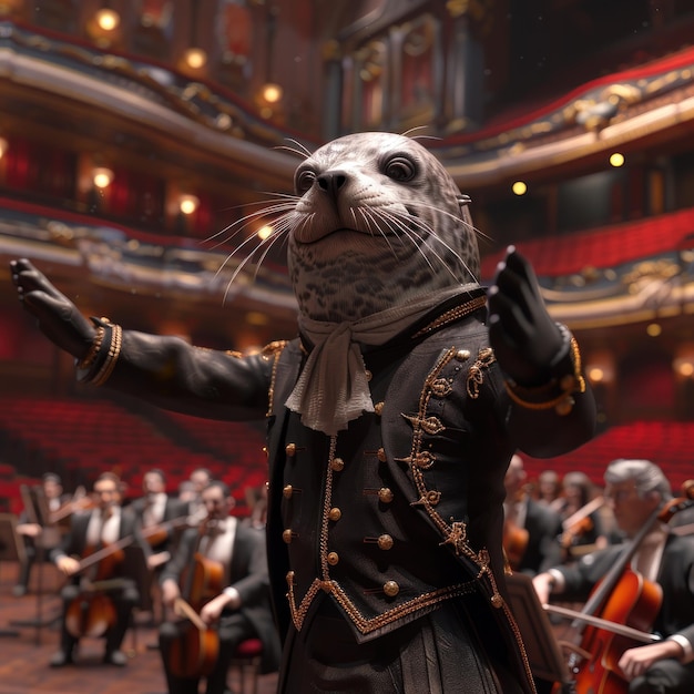 Foto una representación imaginativa de una foca vestida como director de orquesta dirigiendo una orquesta sinfónica en un gran