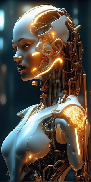Representación imaginativa de una IA femenina un robot humanoide con diseño dorado explorando la intersección