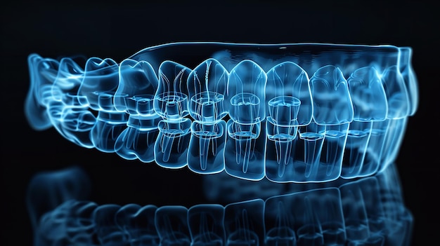 Una representación de implantes dentales y ortodoncia sobre un fondo negro muestra un escáner de rayos X de una prótesis con un implante sostenido en el hueso de la mandíbula y el espacio IA generativa