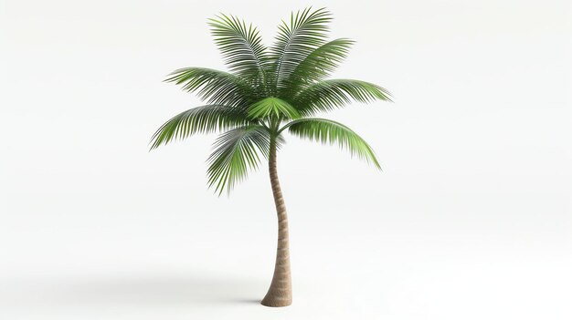 Una representación impresionantemente realista en 3D de una palmera de pie alta y orgullosa contra un fondo blanco puro Perfecto para agregar un toque de paraíso tropical a sus diseños o proyectos