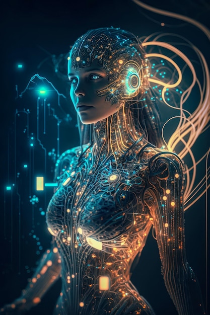 Representación de inteligencia artificial como ser humano Ilustración de IA generativa humanoide