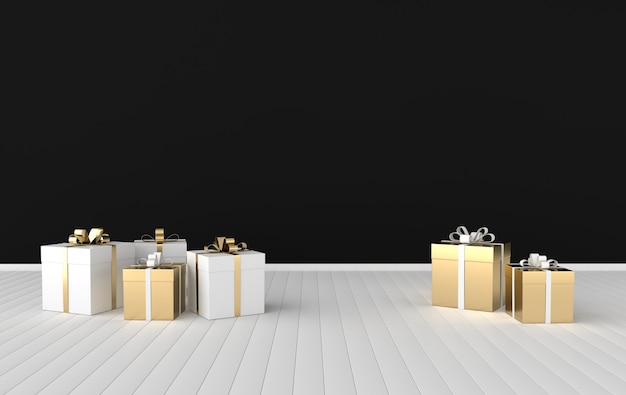 Representación del interior con caja de regalo blanca con lazo de cinta dorada