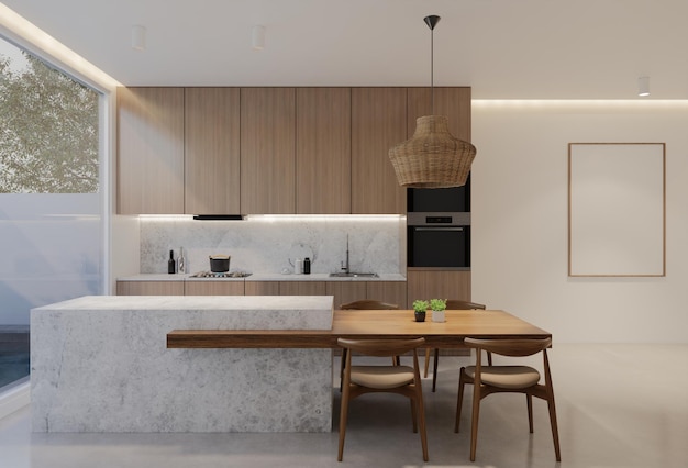Representación mínima de la ilustración 3D de la cocina y la mesa de comedor de madera