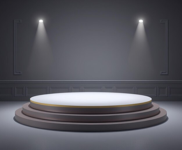 Una representación minimalista en 3D de un podio con reflector en un fondo oscuro