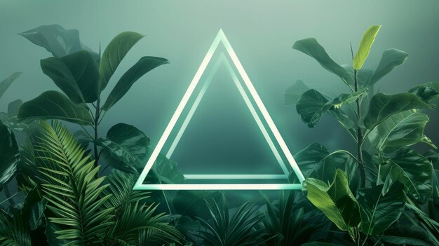 Una representación minimalista de un triángulo de neón elegante y luminoso ambientado contra un telón de fondo de plantas tropicales minimalistas Líneas simples diseño elegante AI Generativo