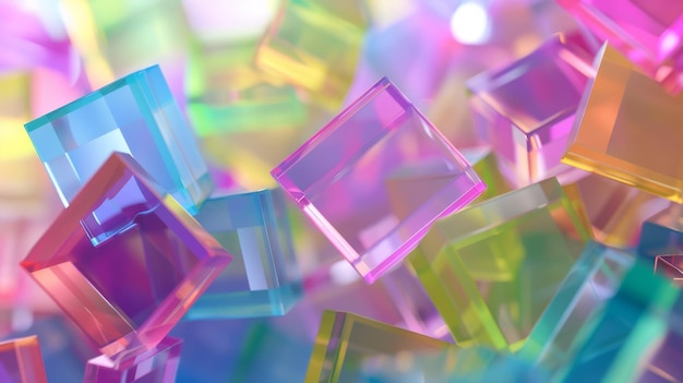 La representación muestra un fondo geométrico abstracto, vasos de colores transparentes y simples piezas cuadradas planas cayendo del cielo.