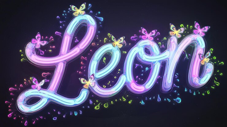 Foto una representación de neón vibrante y vívida en 3d del nombre leon con salpicaduras de gotas coloridas de neón