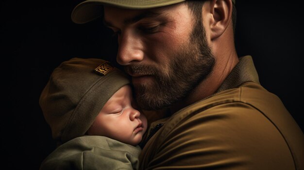 Una representación de un nuevo padre acunando a su hijo pequeño resaltando el vínculo de la paternidad y la festividad para los padres.