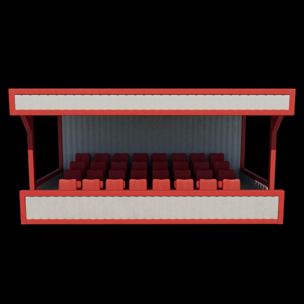 Una representación de un pequeño teatro al aire libre con asientos rojos y un techo cubierto