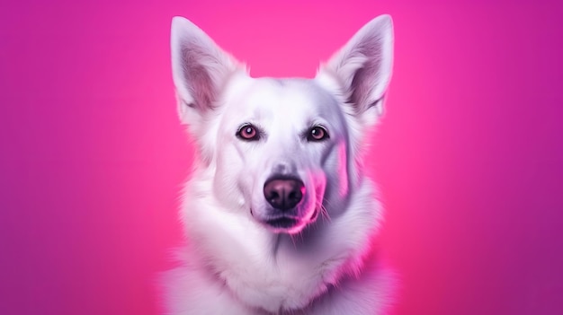 Representación del perro de pura raza White Shepherd obligado por el establecimiento del estudio en el canal de luz rosa inclinada de neón Recurso creativo Generado por IA