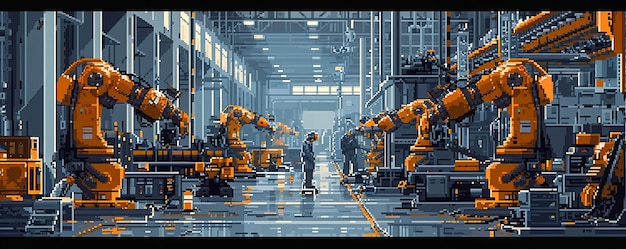 Una representación de pixel art de una fábrica de robots pixelados con líneas de ensamblaje pixeladas que producen robots pixelados sus formas pixeladas demostrando las maravillas de la automatización