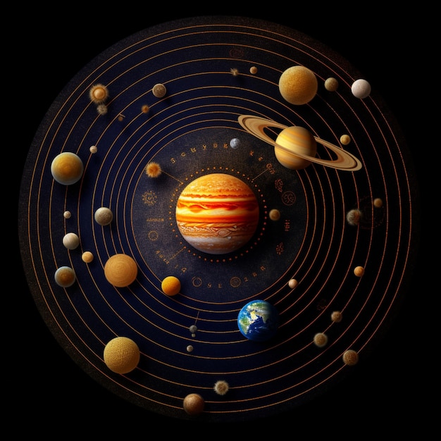 Representación de los planetas, su posición, júpiter, saturno, fotografía solar, imagen, arte generado por IA.