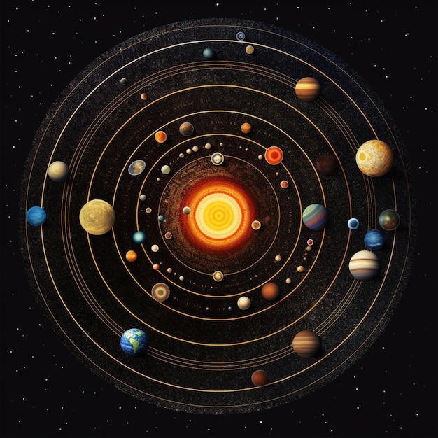 Representación de los planetas, su posición, júpiter, saturno, fotografía solar, imagen, arte generado por IA.