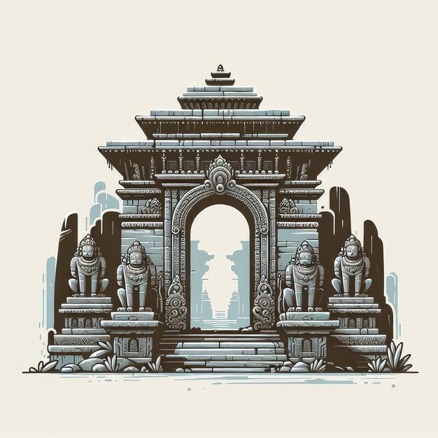 Foto una representación en primer plano de una puerta de entrada de piedra desgastada a un templo nepalí adornada con intrincados