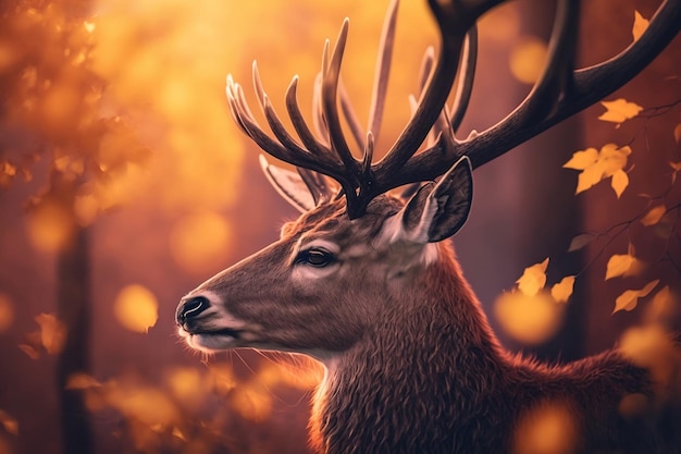 Una representación realista de un ciervo majestuoso con cuernos en un bosque durante el amanecer IA generativa