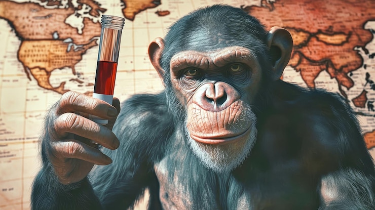 Foto una representación realista de un mono levantando un tubo de ensayo con líquido rojo colocado ante un mapa detallado que destaca los problemas de salud global