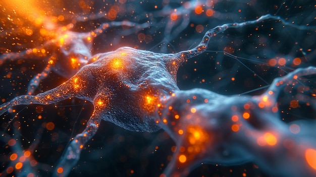Una representación de una red neuronal 3D con sinapsis de neón y vías nerviosas