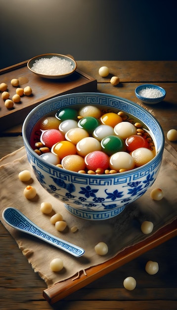 Una representación rústica de las tradicionales bolas de arroz glutinoso de Tangyuan en un delicado cuenco azul y blanco