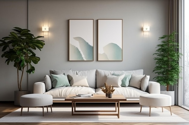 Una representación de una sala de estar con un sofá con IA generativa.