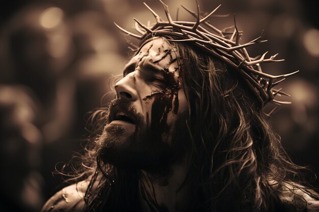 En una representación de sepiatón, Jesucristo es representado con heridas y sangre adornado con una corona