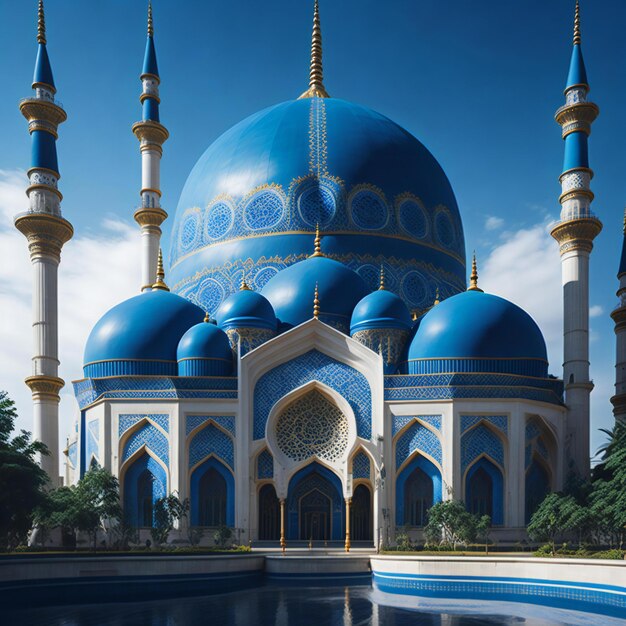 Una representación serena de una majestuosa mezquita azul con una cúpula azul ornamentada generada por ai