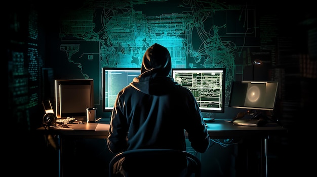 Representación de Shawow de un hacker anónimo frente a un monitor de mando