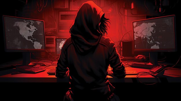 Representación de Shawow de un hacker anónimo frente a un monitor de mando