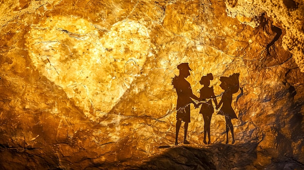 Foto representación de silueta contra una pared de cueva con textura dorada que retrata figuras en un estilo tradicional o