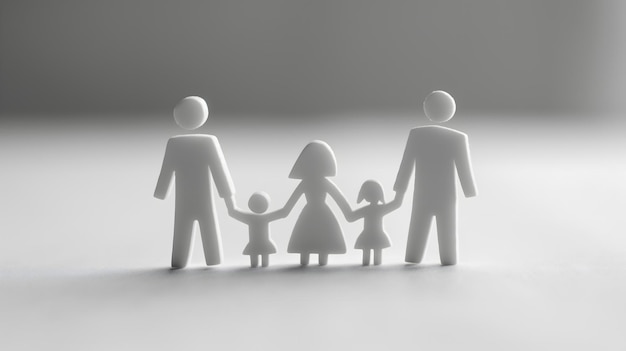 Foto representación simplificada de una familia con dos hijos en monocromo