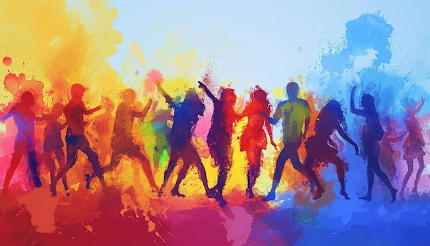 una representación simplista y artística de una escena del festival de Holi