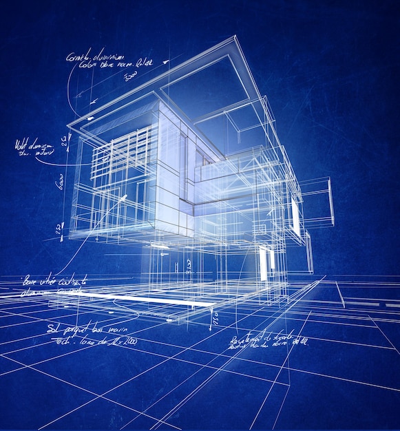 Representación técnica de estructura alámbrica 3D de una villa moderna