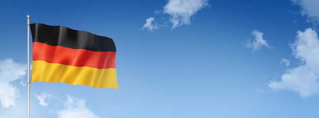 Representación tridimensional de la bandera de Alemania aislada en un cielo azul Ilustración 3D de banner horizontal