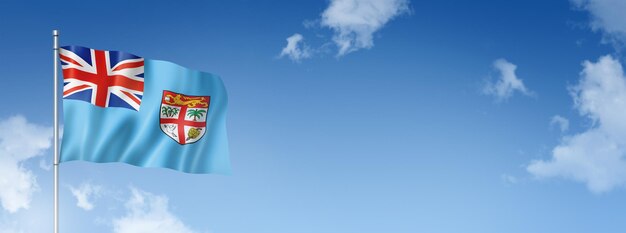 Representación tridimensional de la bandera de Fiji aislada en un cielo azul Ilustración 3D de banner horizontal