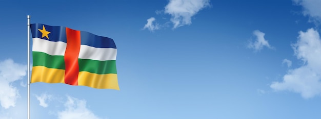 Representación tridimensional de la bandera de África Central aislada en un cielo azul Ilustración 3D de banner horizontal