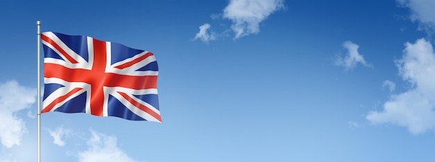Representación tridimensional de la bandera del Reino Unido Reino Unido aislada en un cielo azul Ilustración 3D de banner horizontal