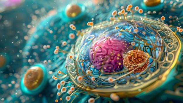 Foto una representación tridimensional de una célula animal que muestra las estructuras detalladas y la organización de