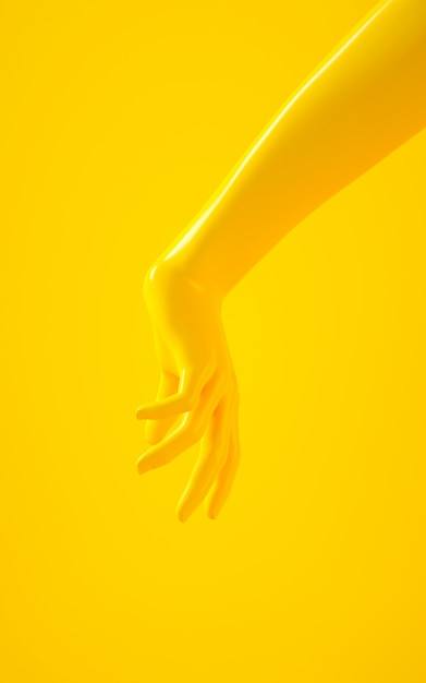 Representación vertical 3d de la mano amarilla sobre fondo amarillo