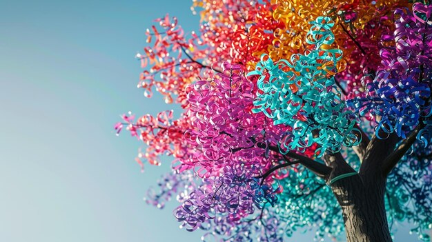 Foto una representación visual de un árbol de concienciación sobre el cáncer con cintas de varios colores