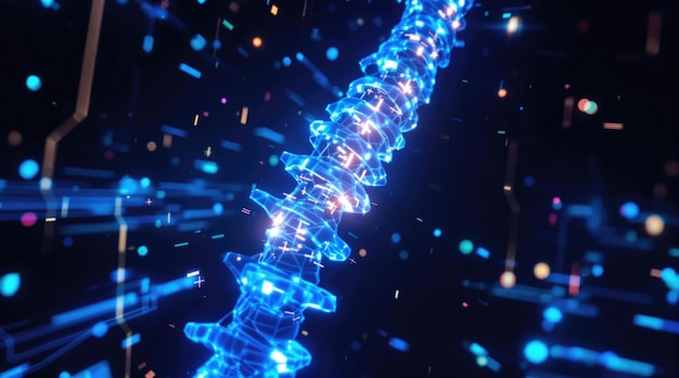 Representación visual de una columna vertebral azul brillante con partículas digitales en un fondo oscuro que muestra la conexión entre biología y tecnología IA generativa