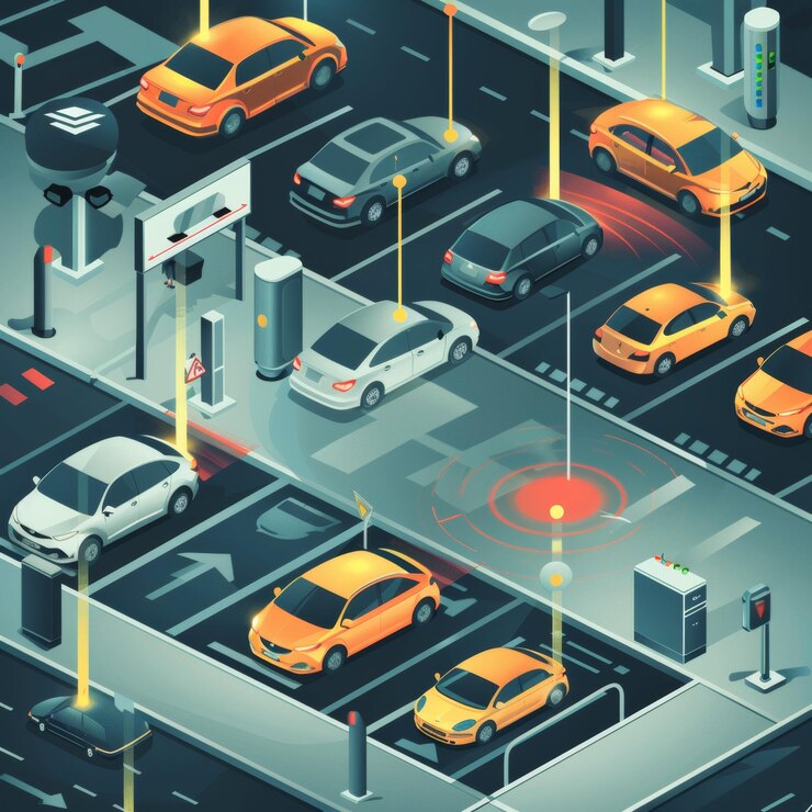 Foto representación visual de un sistema de estacionamiento inteligente con cámaras lpr con reconocimiento automático de matrículas