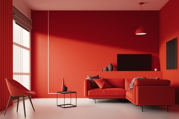 Una representación visualmente impactante de una habitación con decoración Pantone roja y muebles atrevidos