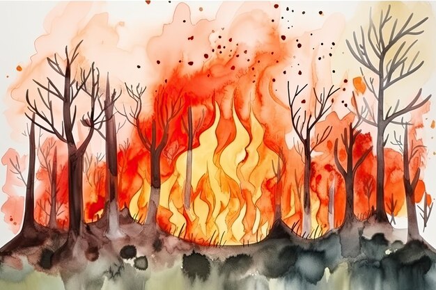Representación vívida en acuarela de un incendio forestal catastrófico con árboles envueltos en llamas naranjas IA generativa